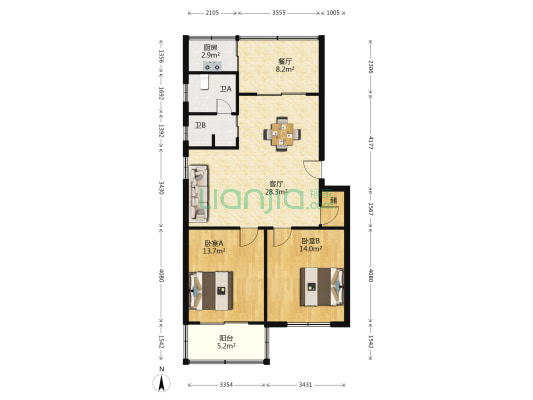 大兴小区 2室2厅2卫 165平方