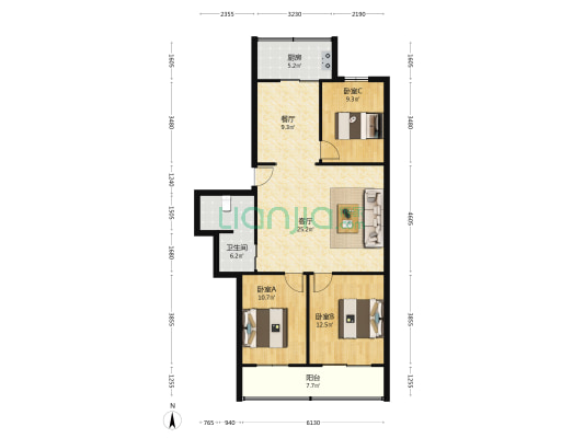 福中居 3室2厅1卫 105平方