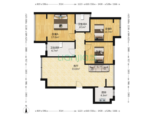 隆鑫印象城邦 3室1厅2卫 90平方