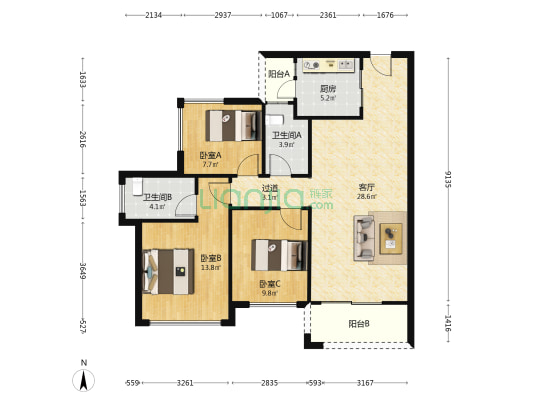 龙光天熙 3室1厅2卫 97平方