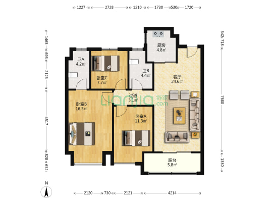 合颂兰亭花园 3室1厅2卫 112平方