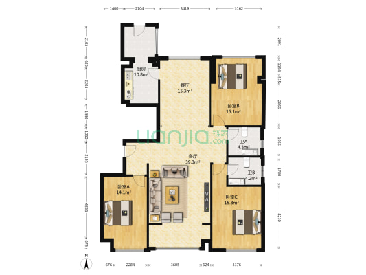 万达江畔华城A区 3室2厅2卫 140平方