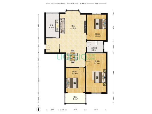 鲲鹏公寓 3室1厅1卫 147平方