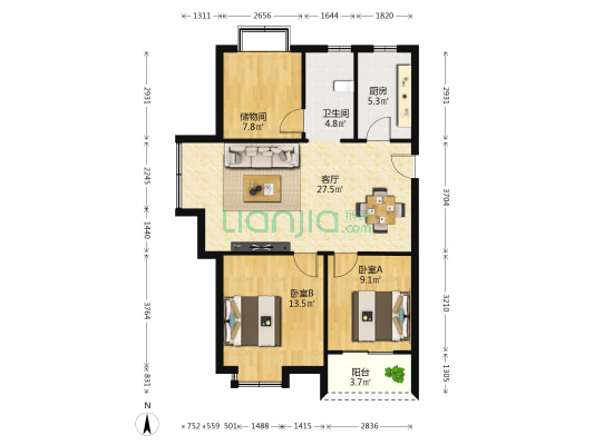 岸上玫瑰北区 2室1厅1卫 92平方