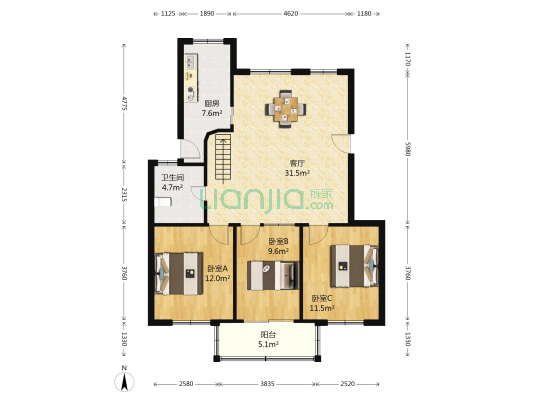 长安新村北小区 3室1厅1卫 105平方