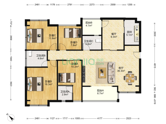 盛源学府名城 4室2厅3卫 124平方