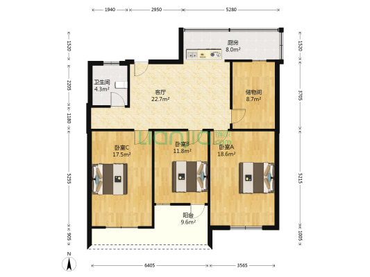 广播局宿舍 3室1厅1卫 105平方