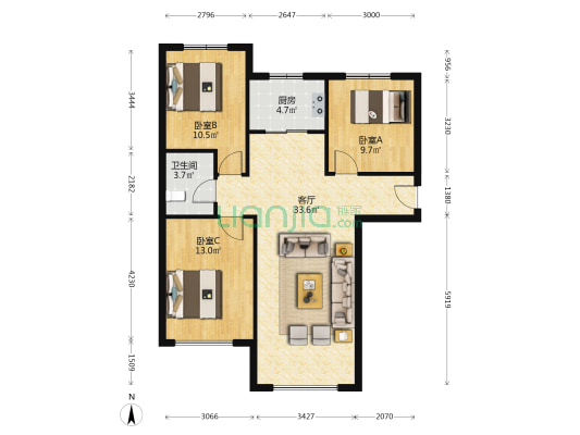 精装未住 南北通透三居 带独立的防火门满五唯一-户型图