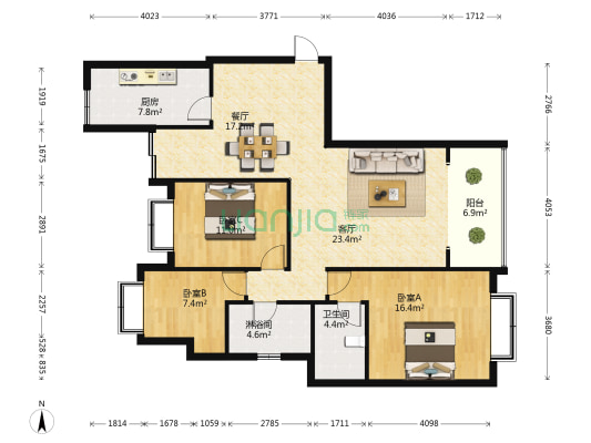 恒大绿洲 3室2厅2卫 126平方
