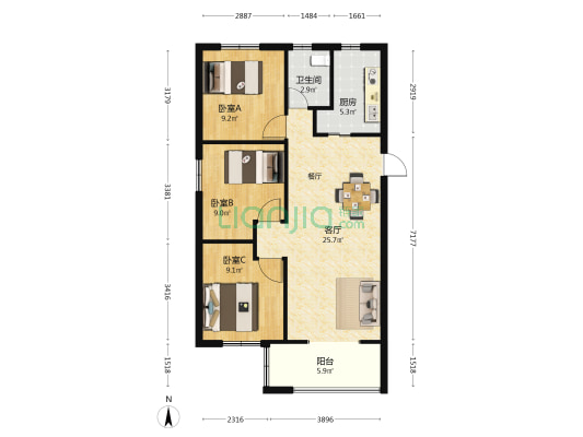 悦榕府三区 3室1厅1卫 90平方