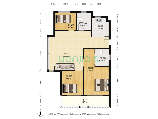 尚都汇A区 3室1厅2卫 108平方