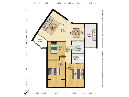 新家坡园景苑 3室1厅2卫 114平方