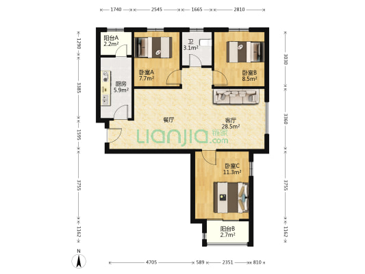 恒大学庭北区 3室1厅1卫 106平方