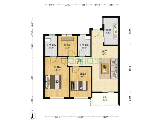 德信东望里 3室1厅2卫 89平方