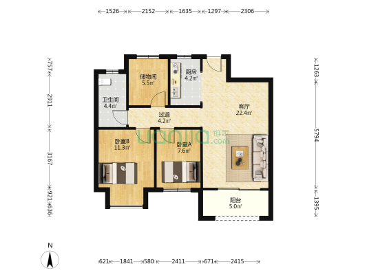 龙湖锦艺城高五组团 2室1厅1卫 88平方