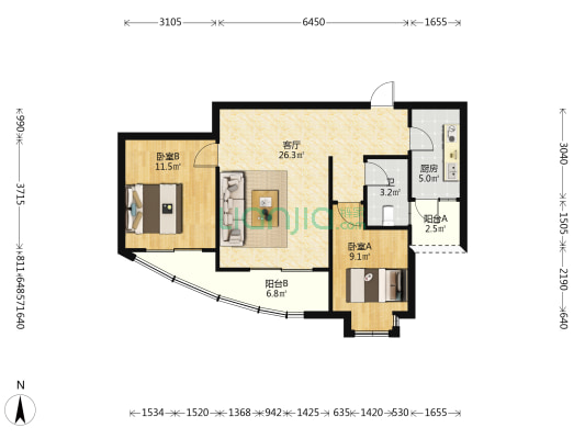 地铁置业清水湾 2室1厅1卫 84平方