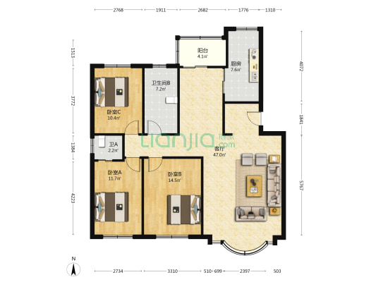 吉林农业大学沁馨花园 3室1厅2卫 137平方
