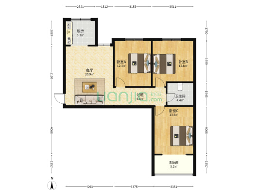 国粮公寓 3室1厅1卫 105平方