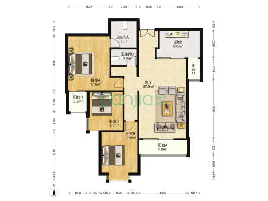世桥国贸 3室1厅2卫 156平方