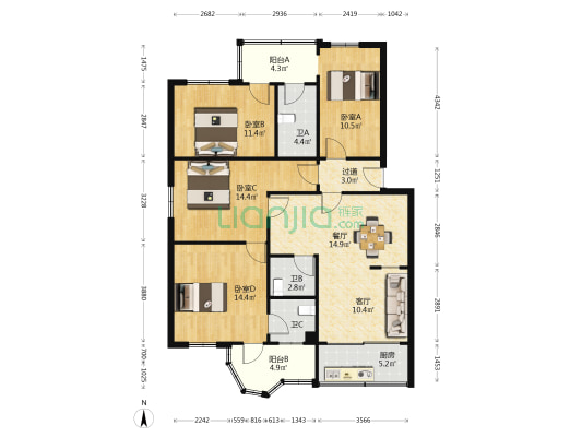 城市花园岐兴阁 4室2厅3卫 124平方