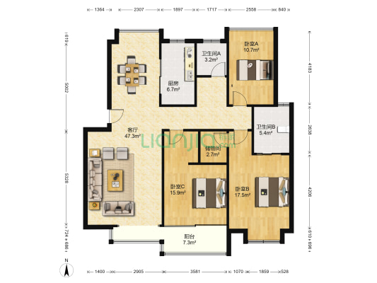 阳光绿城 3室1厅2卫 129平方