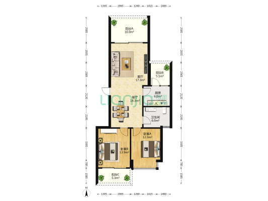 海岸金沙 2室2厅1卫 90平方