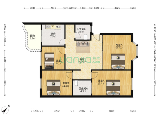 加贝花园 4室1厅2卫 111平方