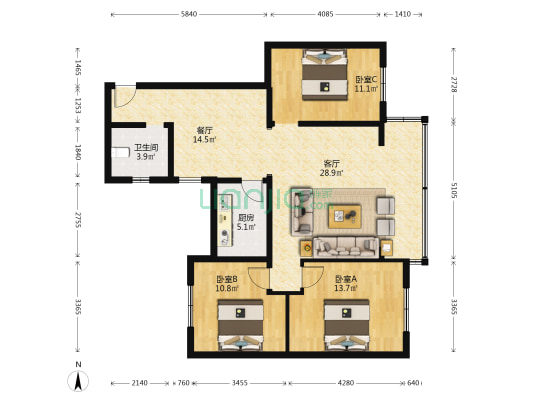 都机厂家属区 3室2厅1卫 103平方