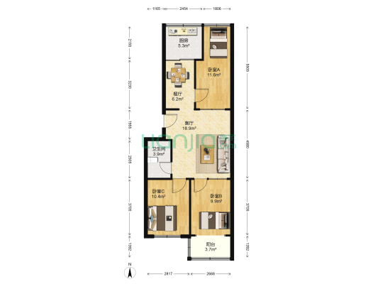开元路 3室2厅1卫 81平方