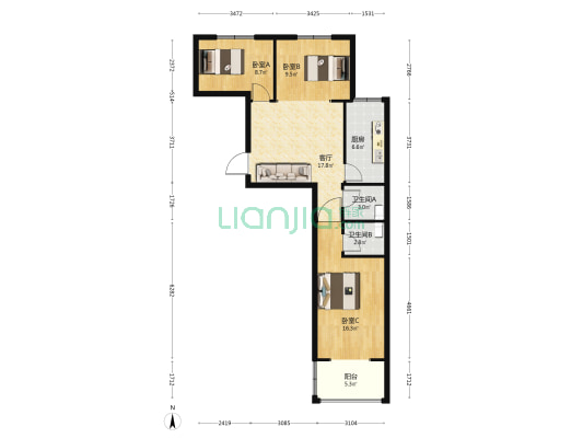 城市新秀 3室1厅2卫 91平方