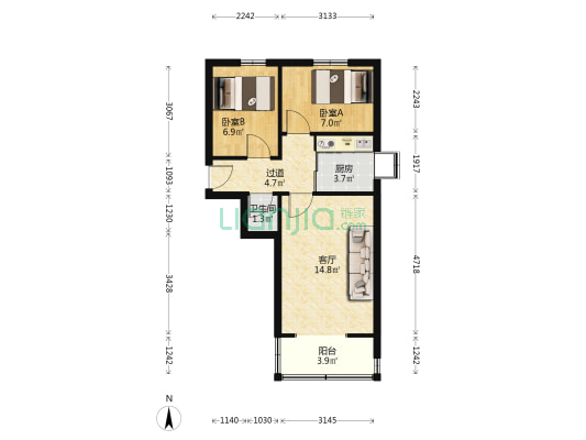 龙首北路15号 2室1厅1卫 55平方