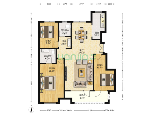 方大秀川里 3室1厅2卫 125平方