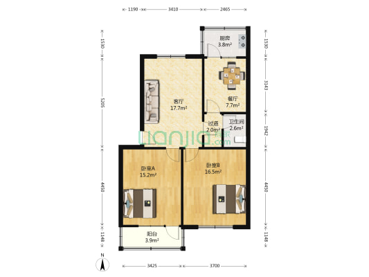 贵海花园 2室2厅1卫 80平方