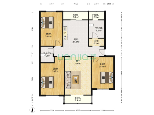 中环公寓 3室1厅2卫 143平方