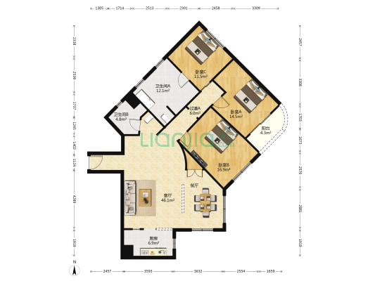 经纬公寓 3室1厅2卫 172平方
