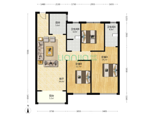 中海和院 3室1厅2卫 134平方