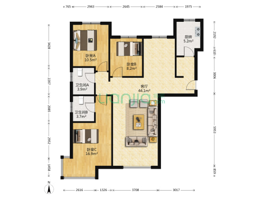 南北向三居 双卫 边户 主卧转角窗3居 眀厨卫 看房方便-户型图