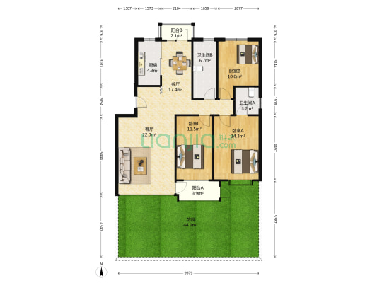 水芙山竹 3室2厅2卫 117平方