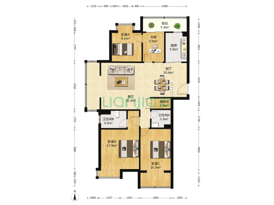 银潭新园 4室2厅2卫 144平方