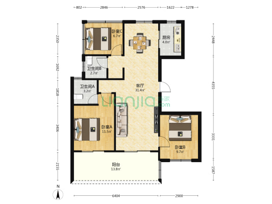 和泓海棠府二期 3室1厅2卫 103平方