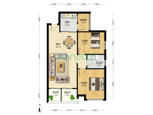 嘉园 2室1厅1卫 87平方