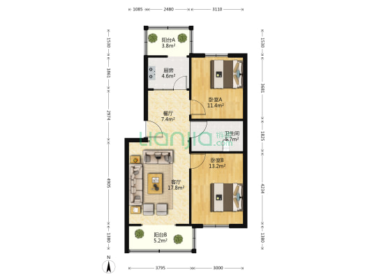 鑫汇花园 2室2厅1卫 90平方