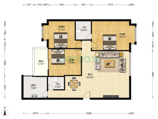 文华天成 3室1厅2卫 133平方