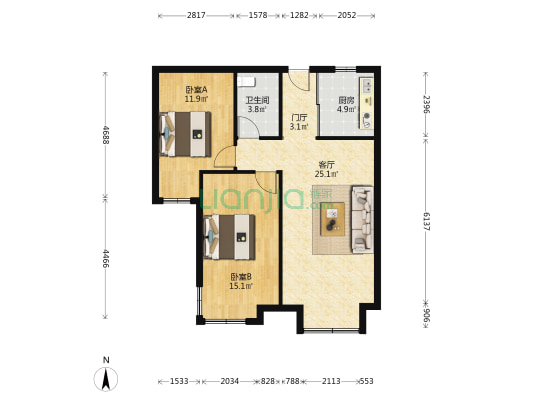 永定河孔雀城英国宫观邸 2室1厅1卫 88平方