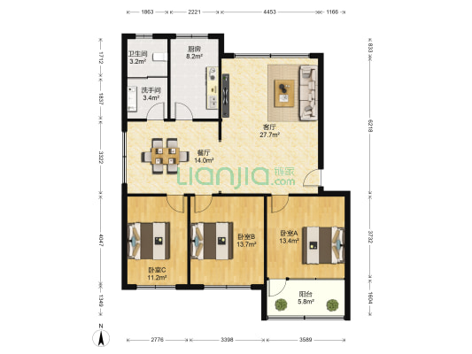 瑞景苑 3室2厅2卫 128平方