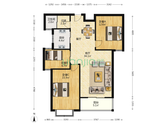 金域华府 3室1厅1卫 103平方