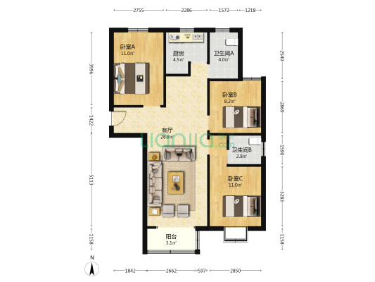 名仕·东湖新城 3室1厅2卫 106平方