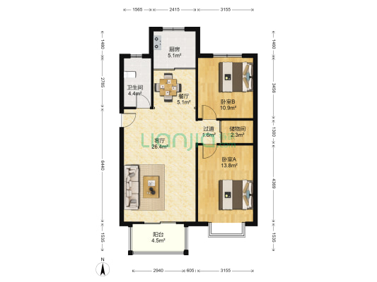 鑫海东苑 2室2厅1卫 93平方