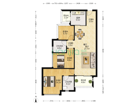 时代保利中环广场北区 3室1厅2卫 95平方