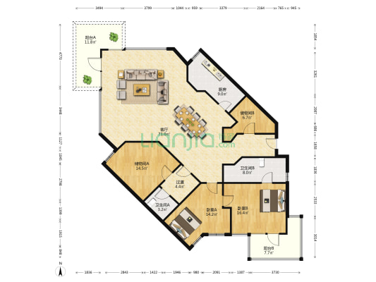 金陵御花园 2室1厅2卫 224平方